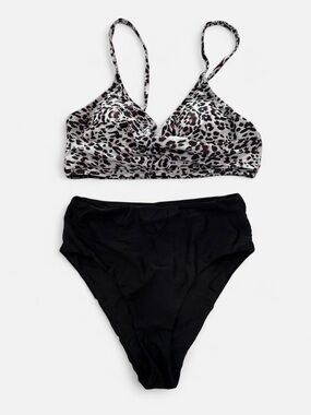 Leopard Print Bralette Bikini Top with Black High-Waist Bottoms